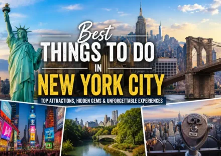 Best things to do in New York City featuring the Statue of Liberty, Brooklyn Bridge, Manhattan skyline, Times Square, and Central Park.