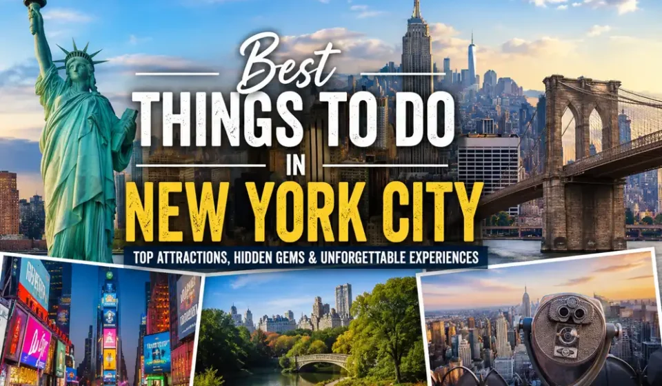 Best things to do in New York City featuring the Statue of Liberty, Brooklyn Bridge, Manhattan skyline, Times Square, and Central Park.
