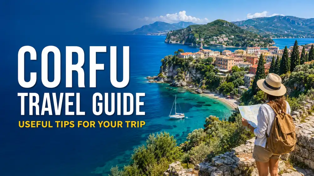 Useful tips for travelling to Corfu Greece with coastal village and turquoise Ionian Sea