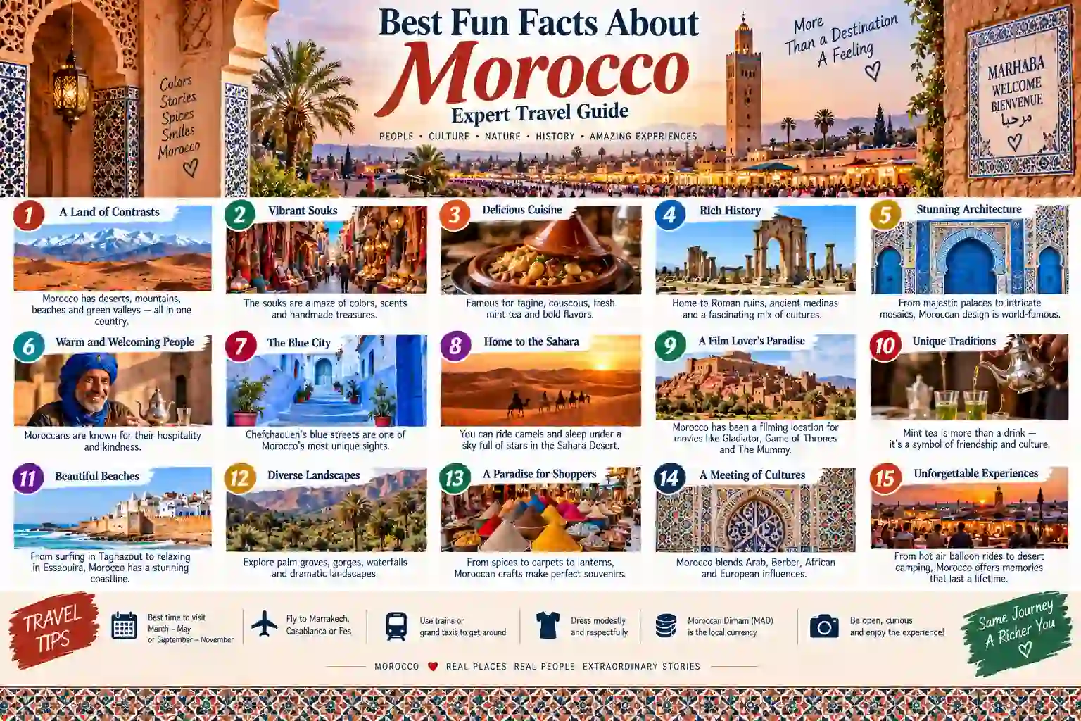 20 fun facts about Morocco featuring Marrakech medina, Atlas Mountains, Sahara dunes and Moroccan culture