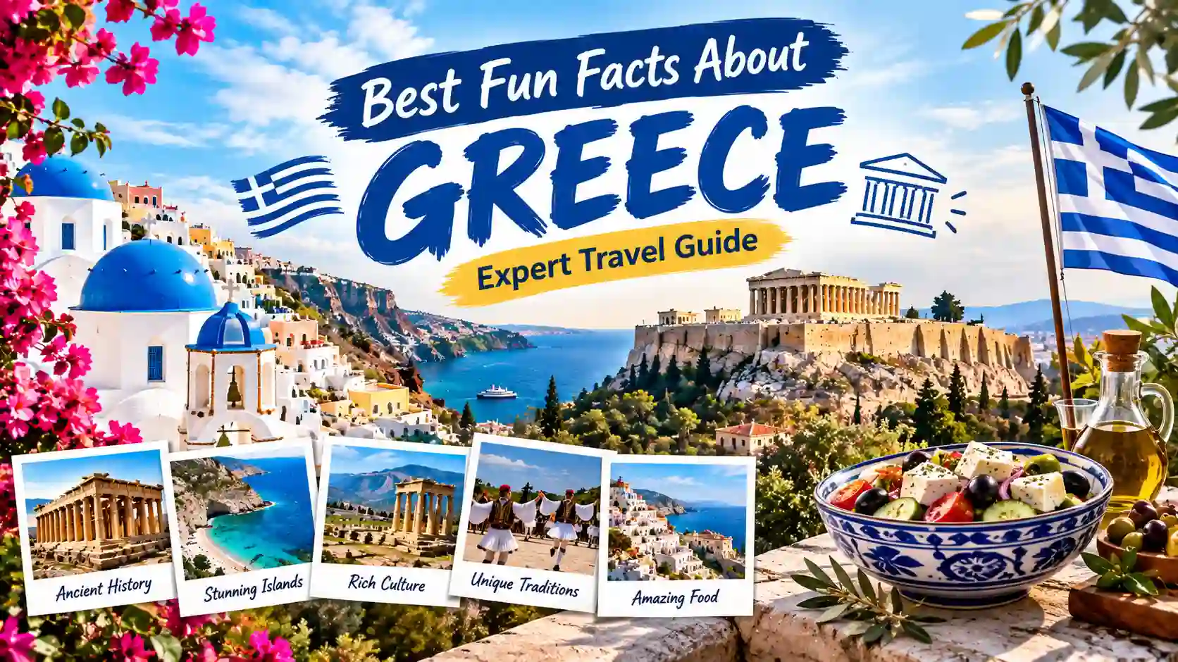 Best Fun Facts About Greece – Expert Travel Guide featuring Greek culture, Santorini, the Acropolis, ancient history, islands, traditions, and Greek cuisine.