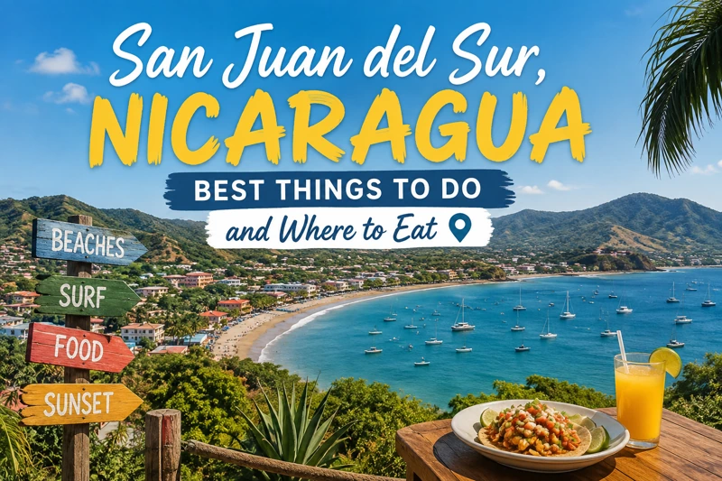 Colorful San Juan del Sur waterfront with bay, boats and green hills
