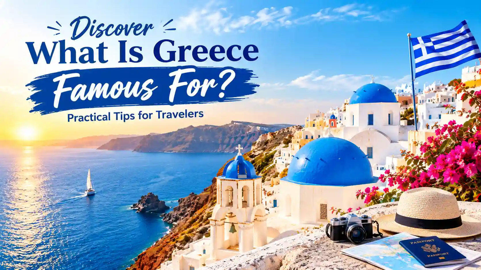 Discover What Is Greece Famous For Practical Tips for Travelers – Santorini Greece with blue-domed churches, Greek flag, Mediterranean Sea, and travel essentials.