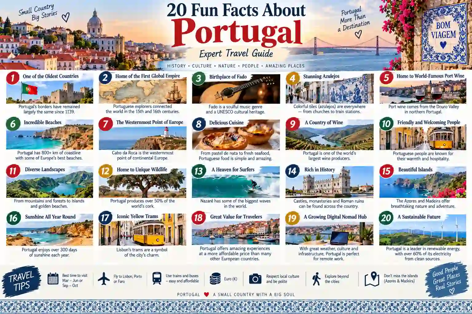 Fun facts about Portugal featuring Lisbon tiles, port wine, cork, Atlantic coast and Portuguese culture