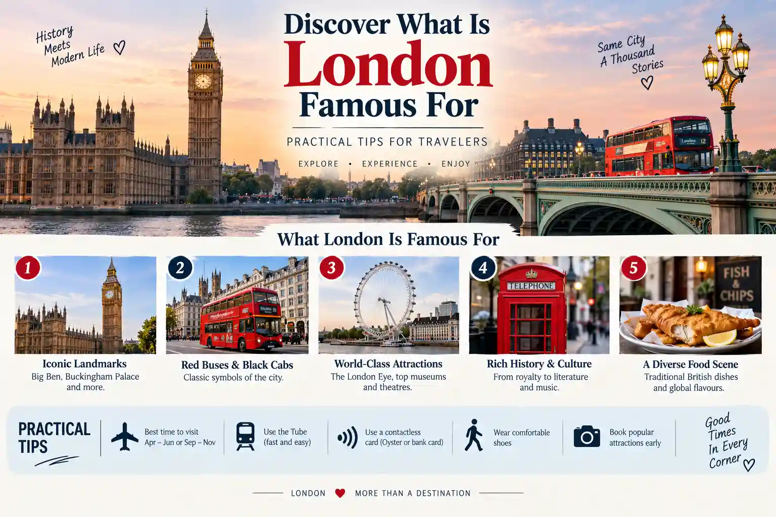 What London is famous for including Big Ben, Tower Bridge, red buses and the River Thames