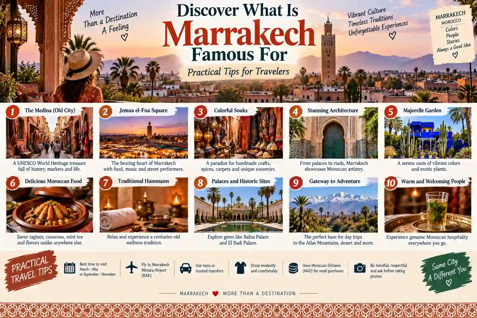 What Marrakech is famous for including Jemaa el-Fna, Moroccan souks, riads and colorful architecture