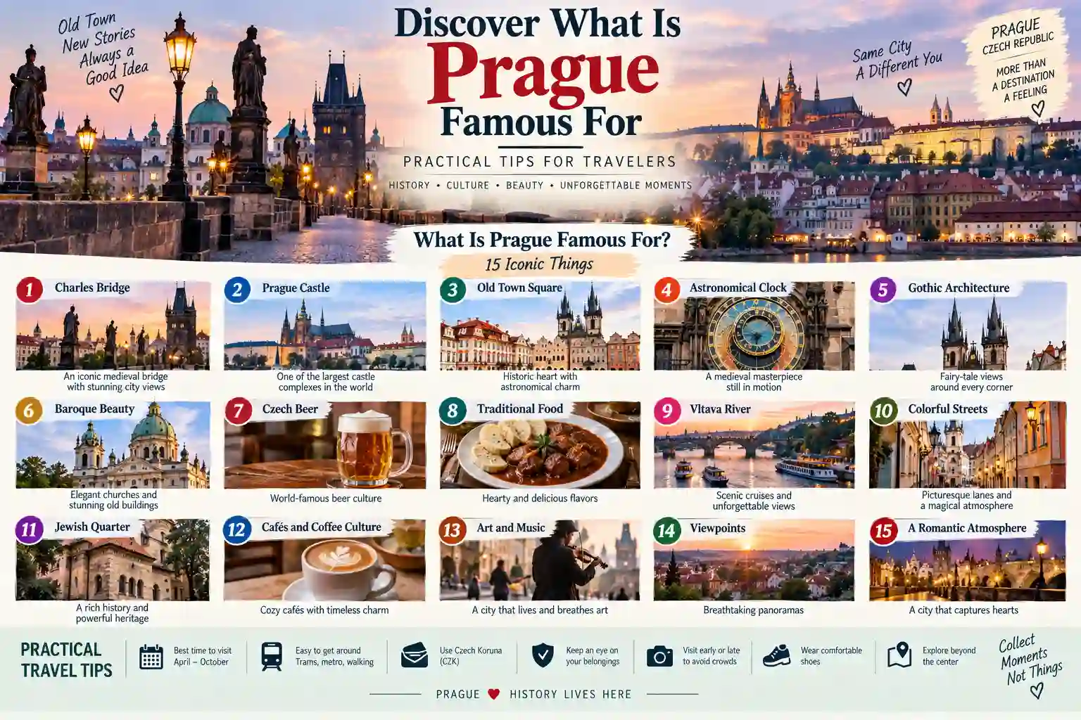 What Prague is famous for with Charles Bridge, Prague Castle and Old Town skyline