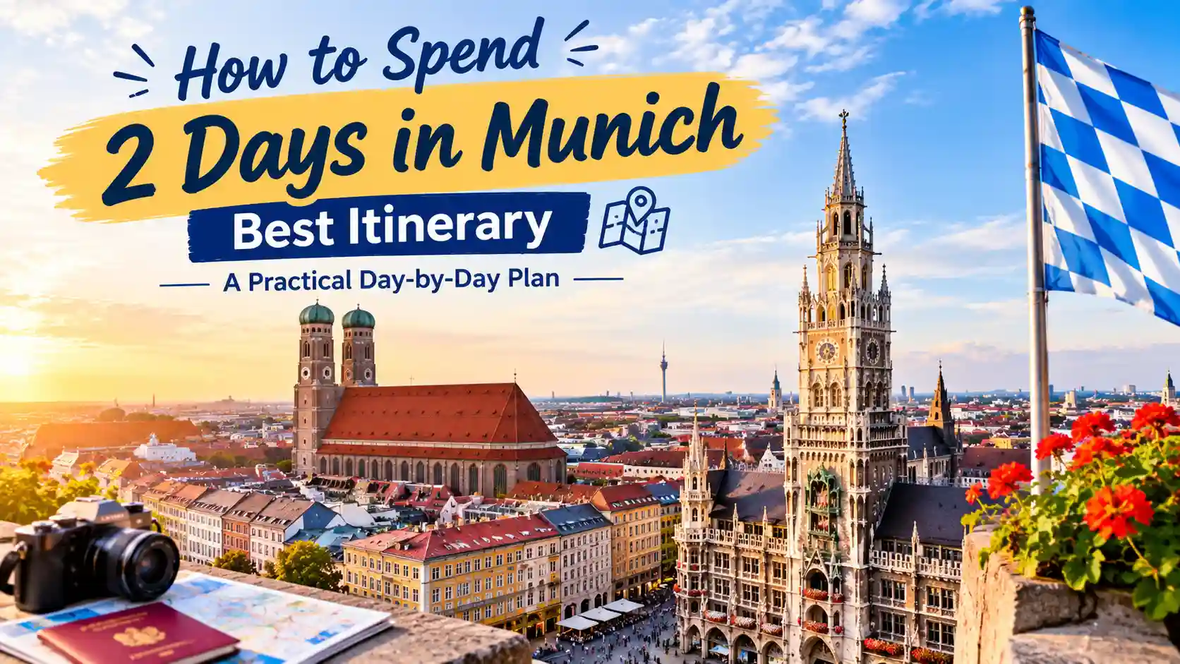 How to Spend 2 Days in Munich - Best Itinerary A Practical Day-by-Day Plan – Munich cityscape featuring Marienplatz, Neues Rathaus, Frauenkirche, Bavarian flag, travel map, and camera.